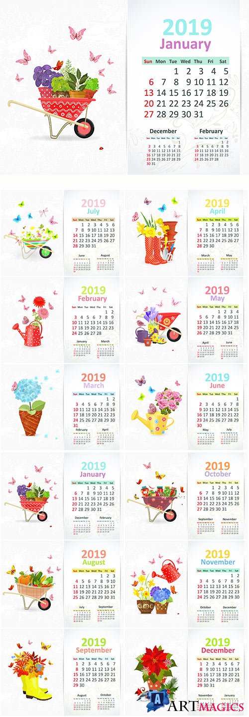 Calendar for 2019 year vector illustration, lovely gardening