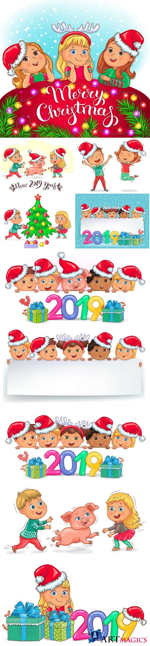 Cute kids and little piggy new year 2019