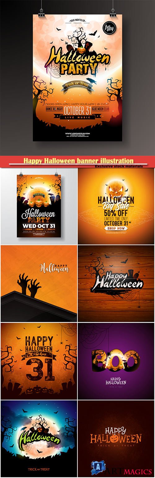 Happy Halloween banner illustration with moon, flying bats and pumpkin, vector holiday design template