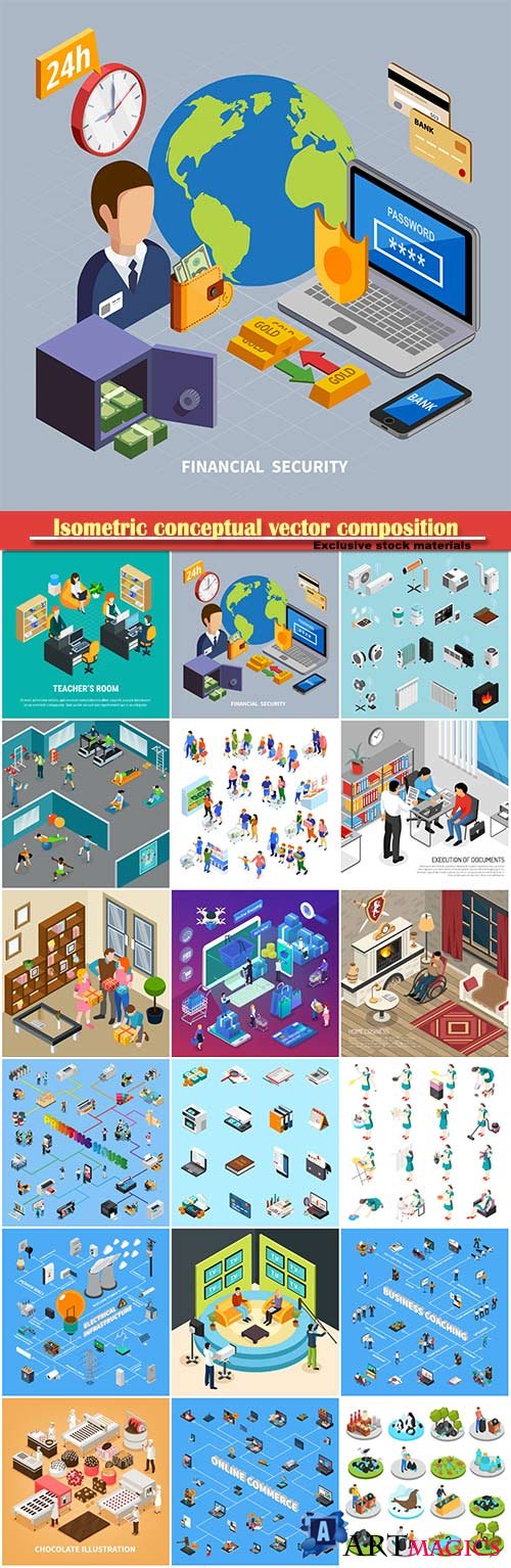 Isometric conceptual vector composition, infographics template # 38