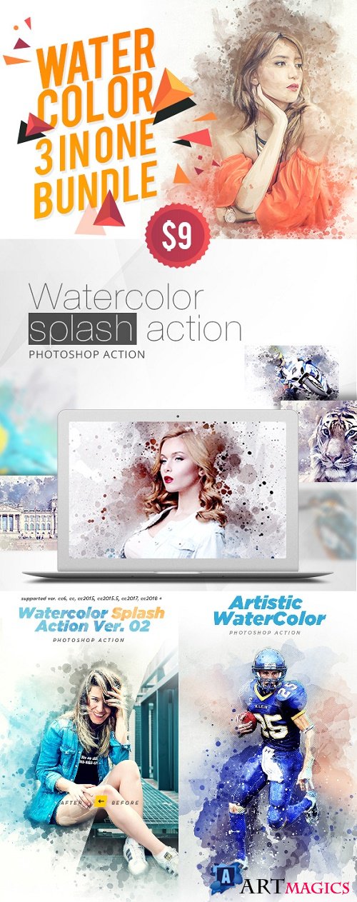 WaterColor 3 IN 1 Bundle Photoshop Action 22618267