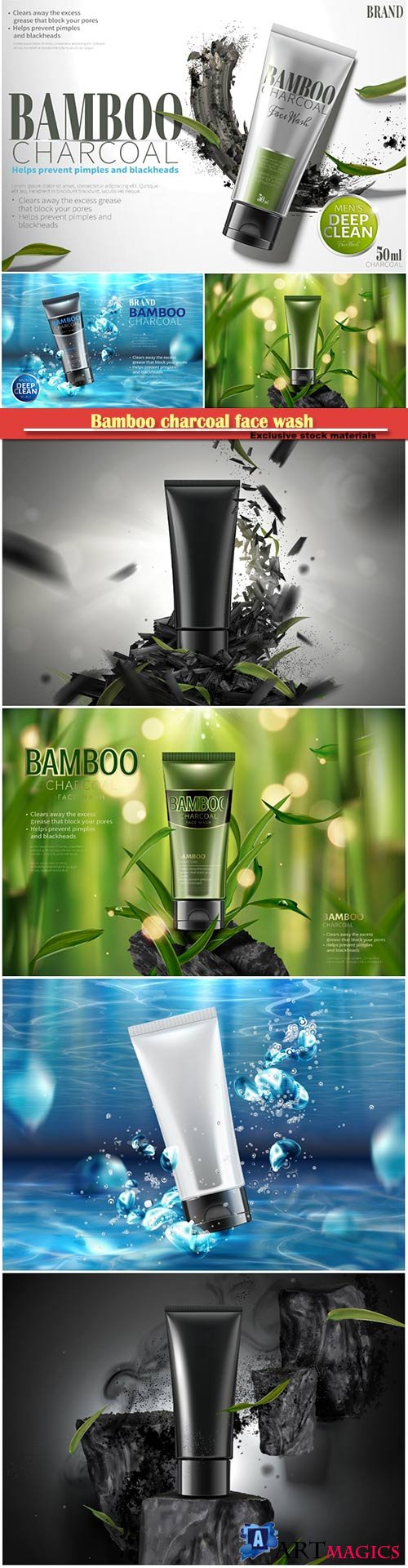Bamboo charcoal face wash in 3d vector illustration