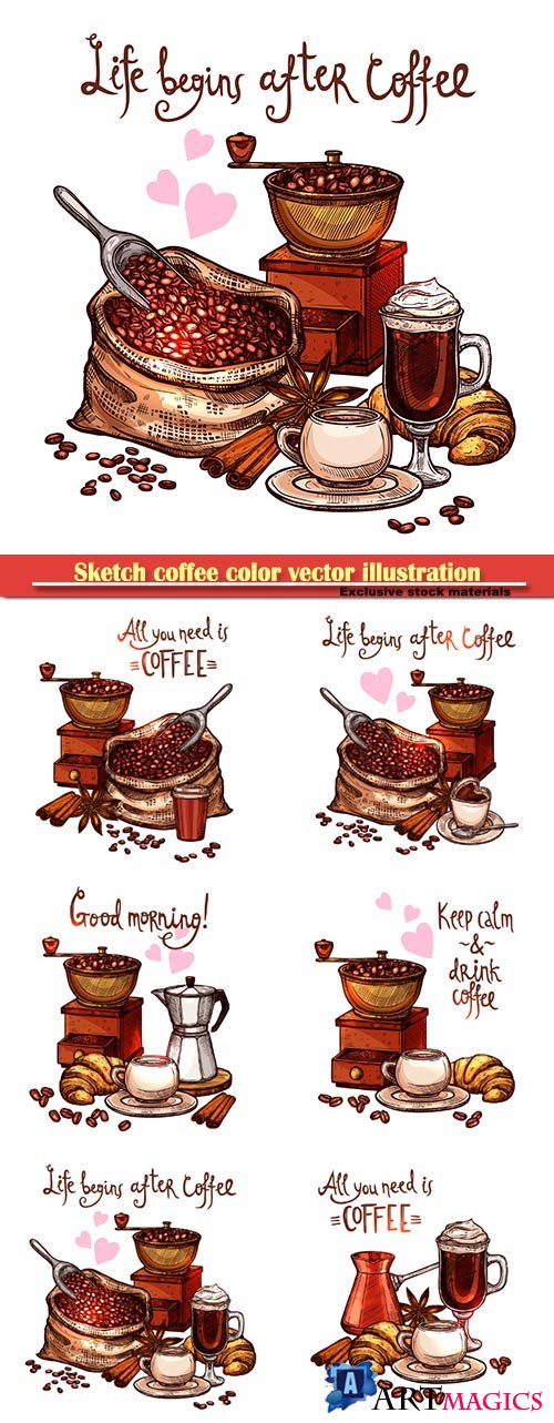 Sketch coffee color vector illustration