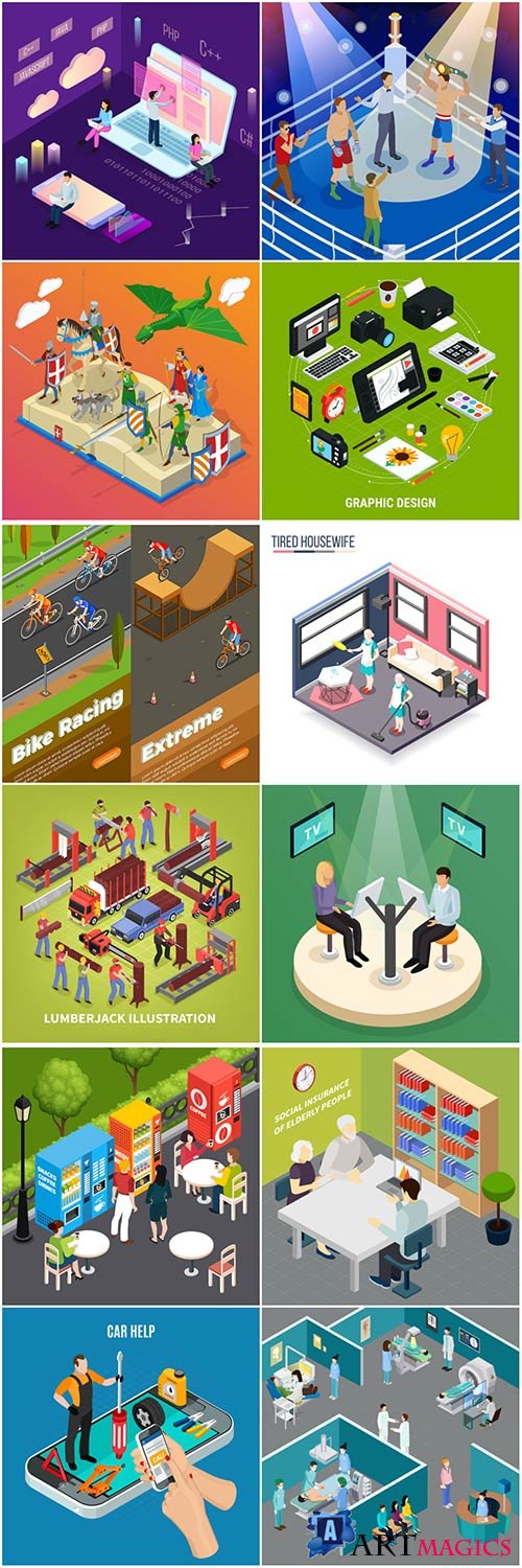Isometric conceptual vector composition, infographics template # 42
