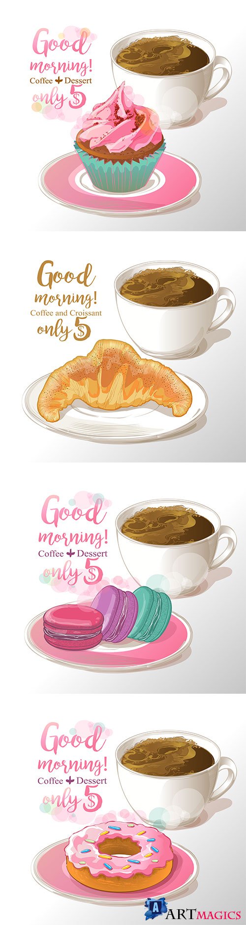Cup of coffee and freshly baked cupcake, healthy breakfast, vector illustration