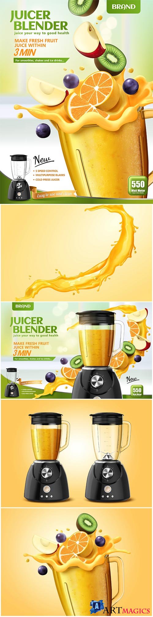 Juicer blender ads with fresh sliced fruits dropping in container, 3d vector illustration