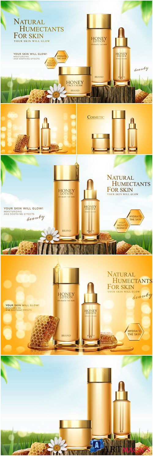 Honey skincare ads in 3d vector illustration