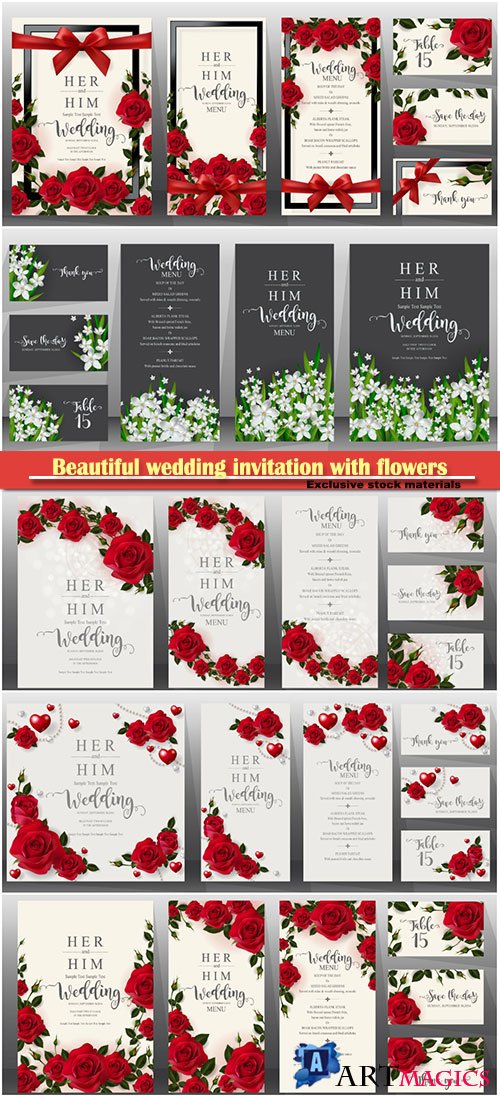Beautiful wedding invitation with flowers in vector