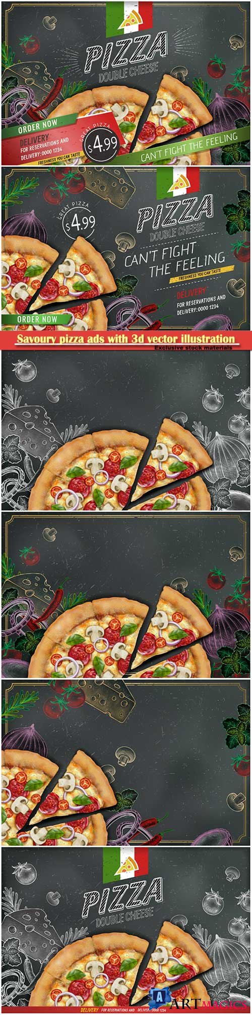 Savoury pizza ads with 3d vector illustration