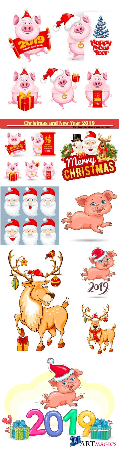 Christmas and New Year 2019 vector illustration, cartoon pigs