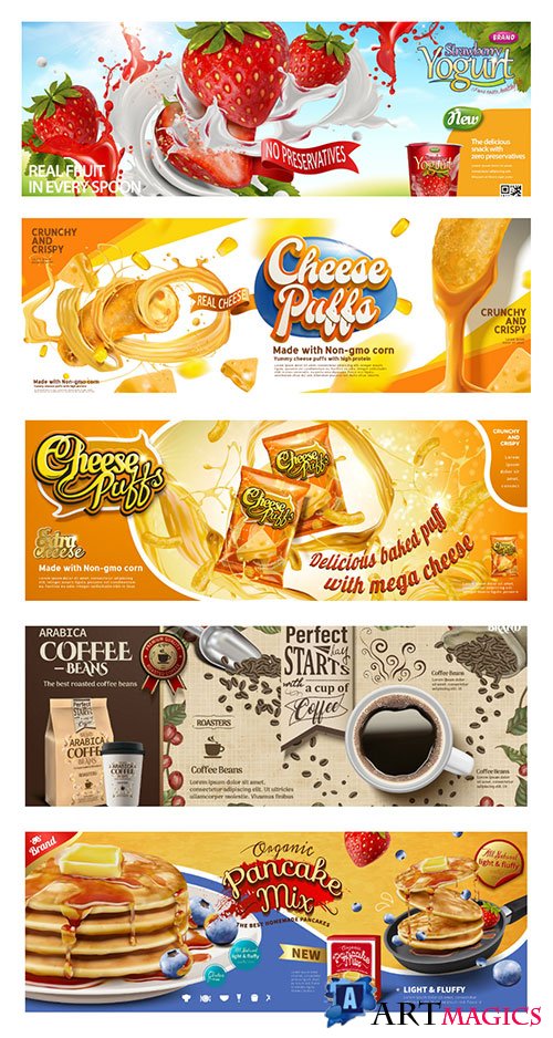 Food vector poster ads in engraving style in 3d illustration