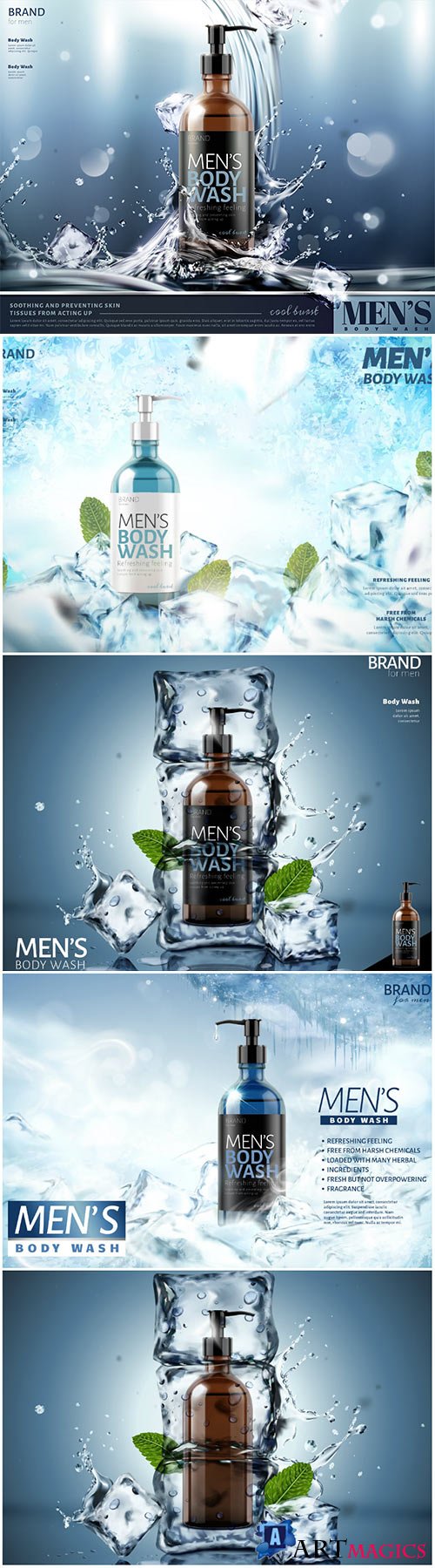 Men's body wash vector poster ads with splashing water and ice cubes in 3d illustration