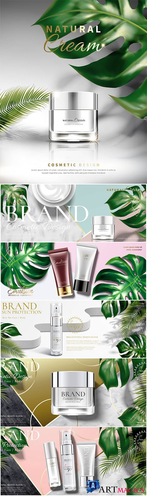 Cosmetic cream jar ads with tropical leaves in 3d illustration