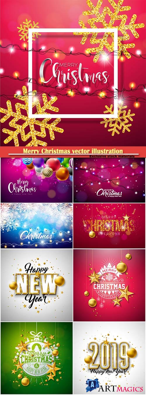 Merry Christmas vector illustration with shiny gold snowflakes