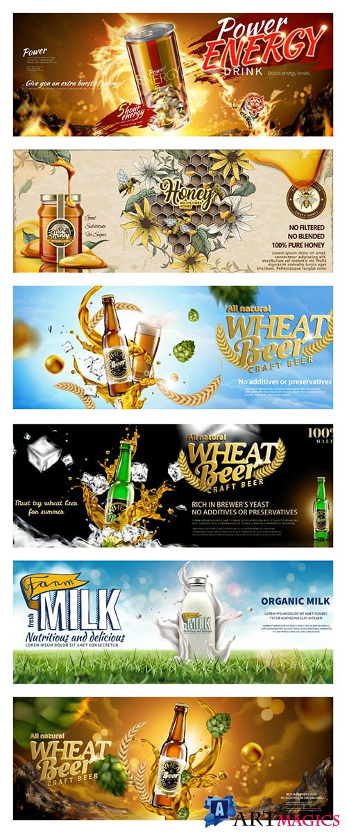 Food banner ads in 3d vector illustration