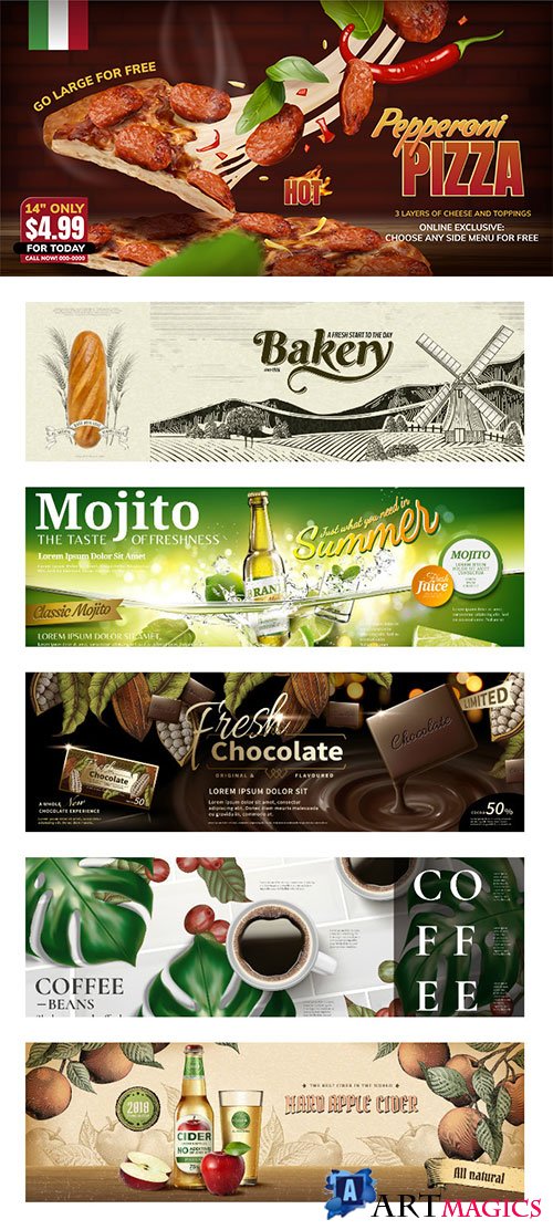 Food banner vector ads in 3d illustration