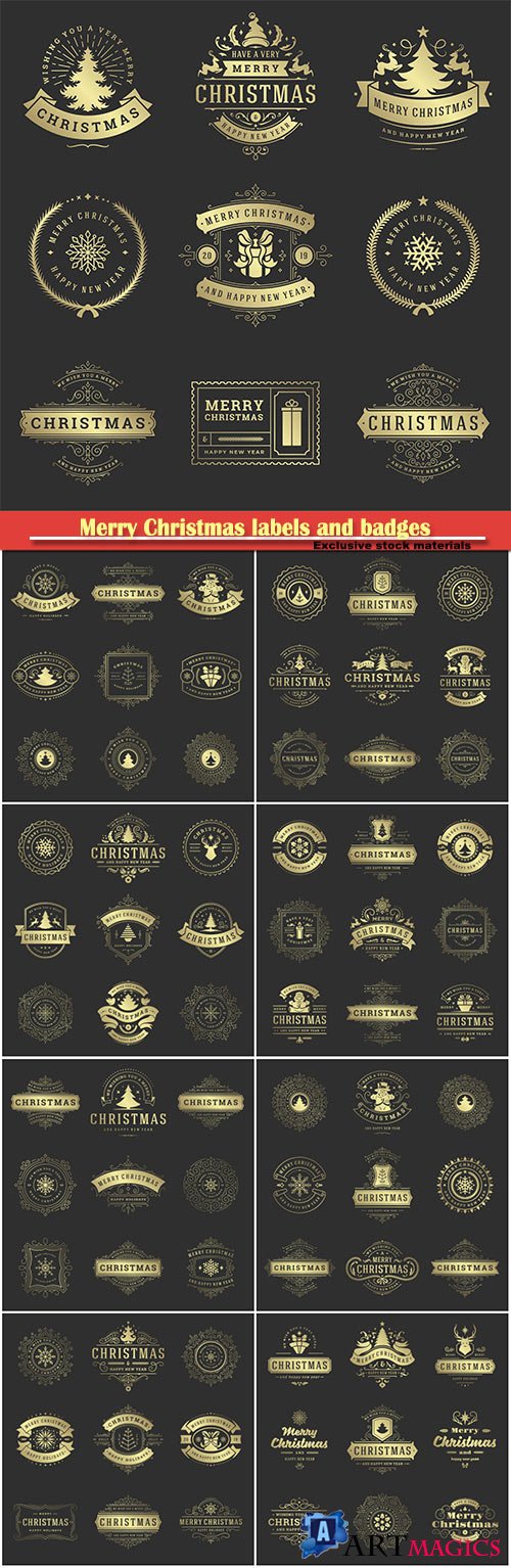 Merry Christmas labels and badges, vector decorative design elements set