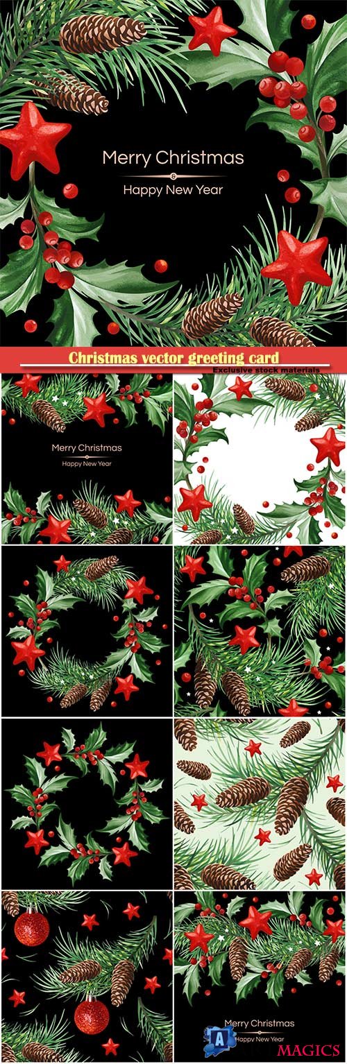Christmas vector greeting card with Holly leaves, Christmas tree with cones and stars