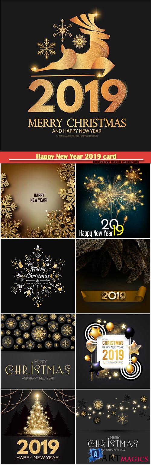 Happy New Year 2019 card with garlands of with fireworks  and snowflakes