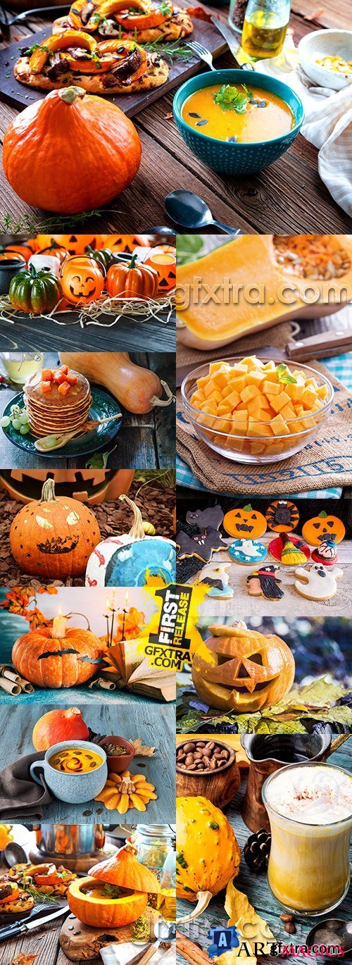 Pumpkin seasonal food different dishes and Halloween design