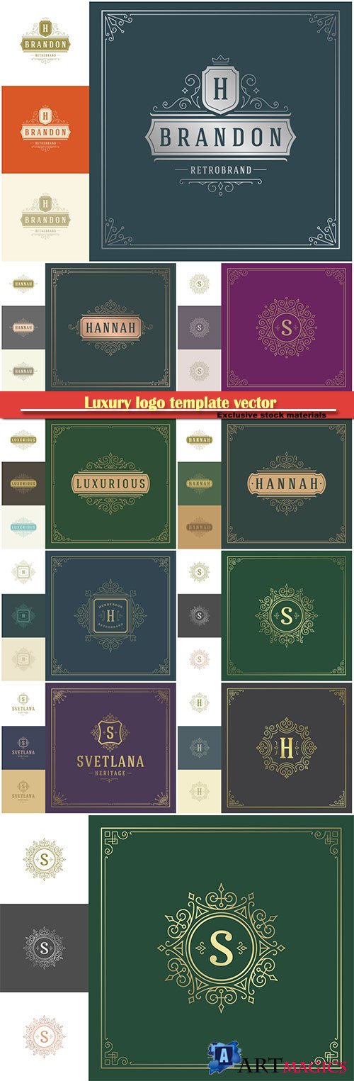 Luxury logo template vector with vintage ornaments for royal crest, boutique brand, hotel sign with flourish frame luxury template