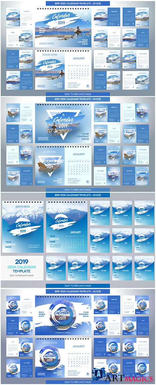 Desk Calendar 2019 vector template, 12 months included