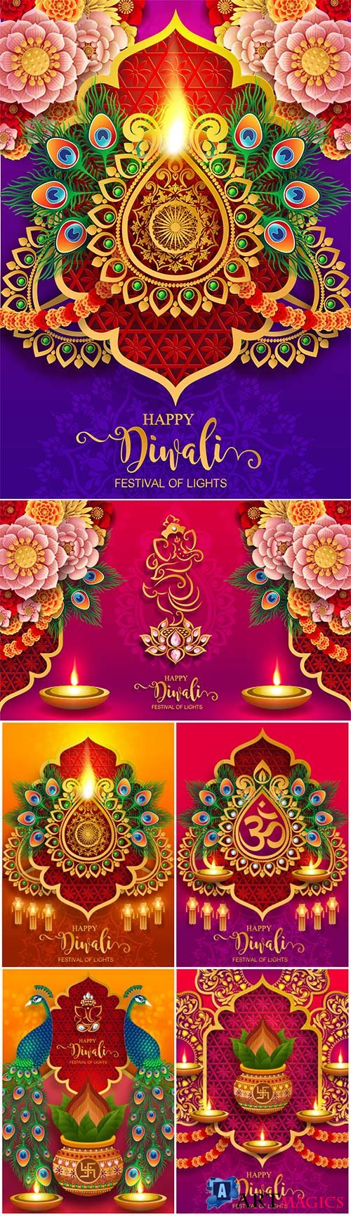 Happy Diwali festival vector card with gold diya patterned