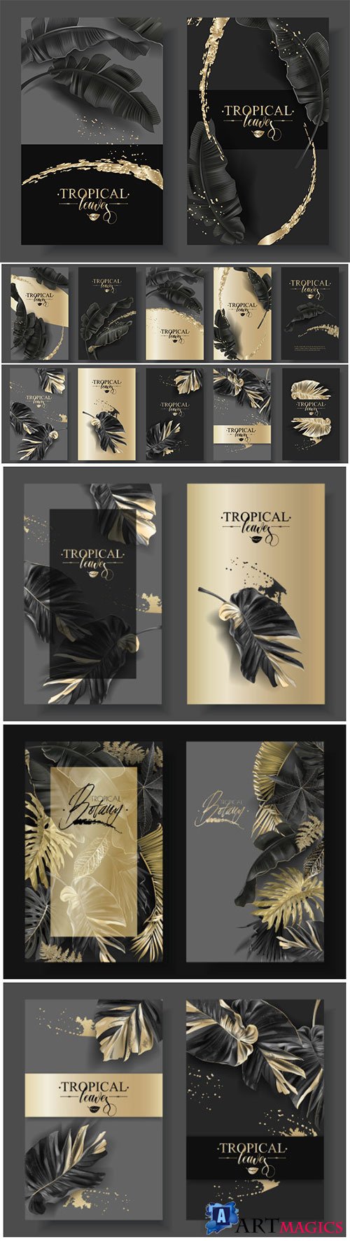 Vector banners with black gold tropical leaves and splashes, luxury exotic botanical design for cosmetics