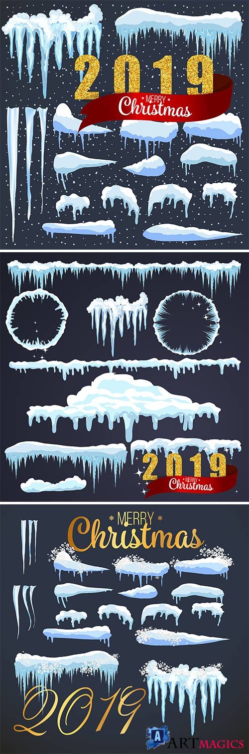 2019 Merry Christmas background, snowflakes and icicles, snow caps set