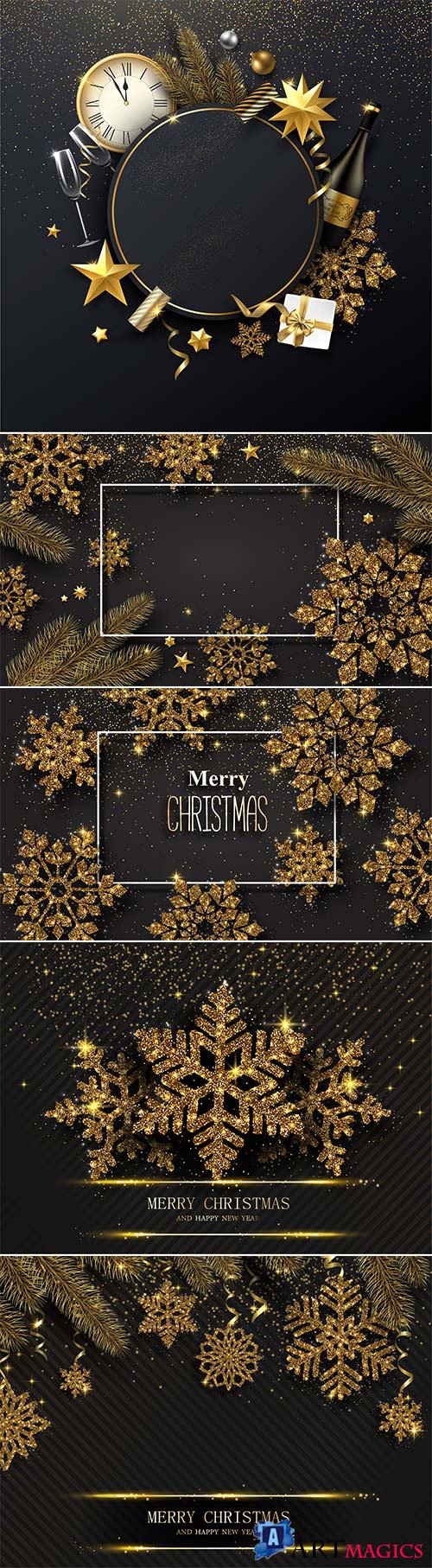 Christmas vector background with golden snowflakes, clock and champagne