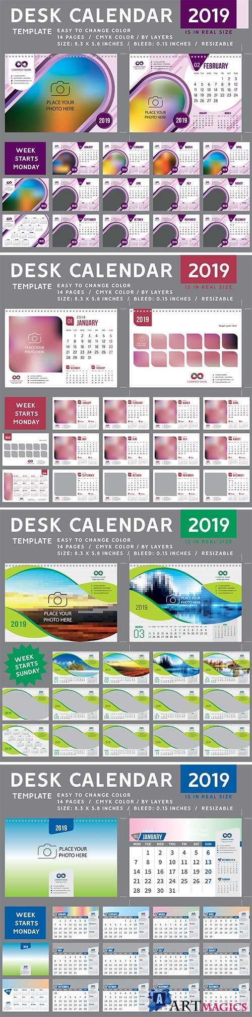 Desk Calendar 2019 vector template, 12 months included # 2