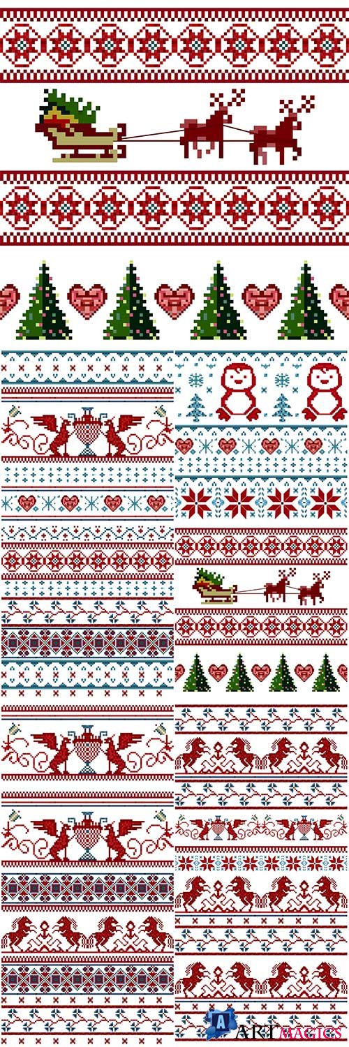 Knitted Christmas seamless pattern ornament with Santa Claus, Christmas tree, deer