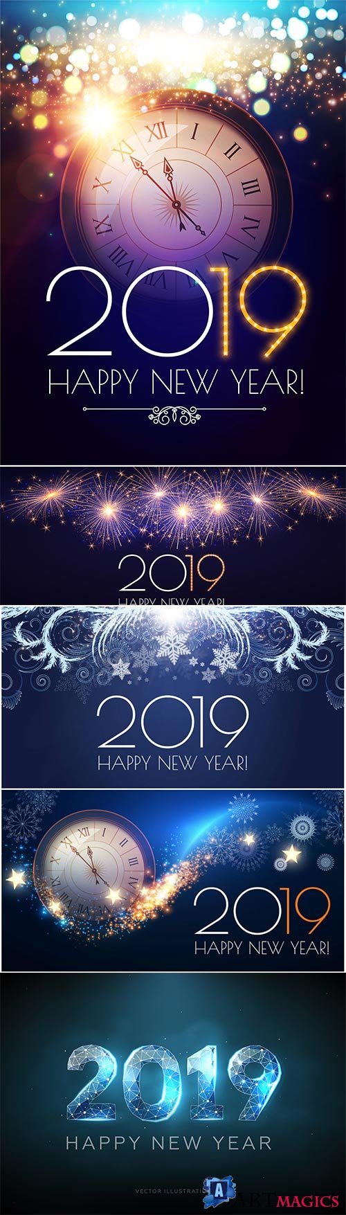Happy New 2019 Year vector illustration, clock, fireworks