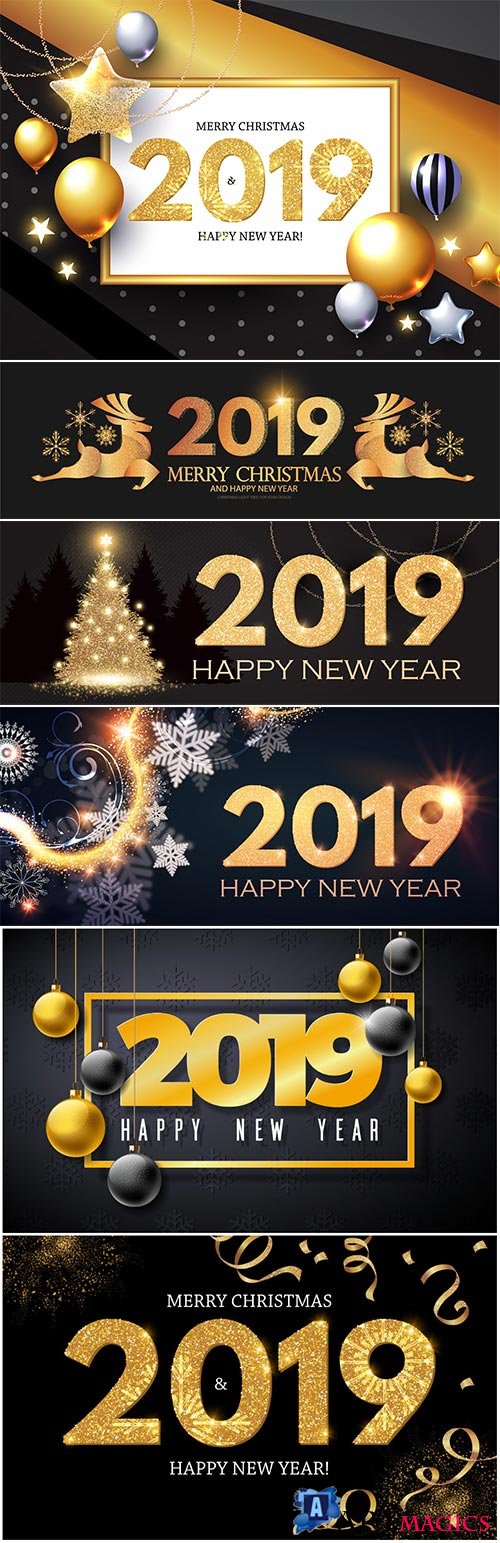 Happy New 2019 Year Vector illustration with gold shining christmas tree