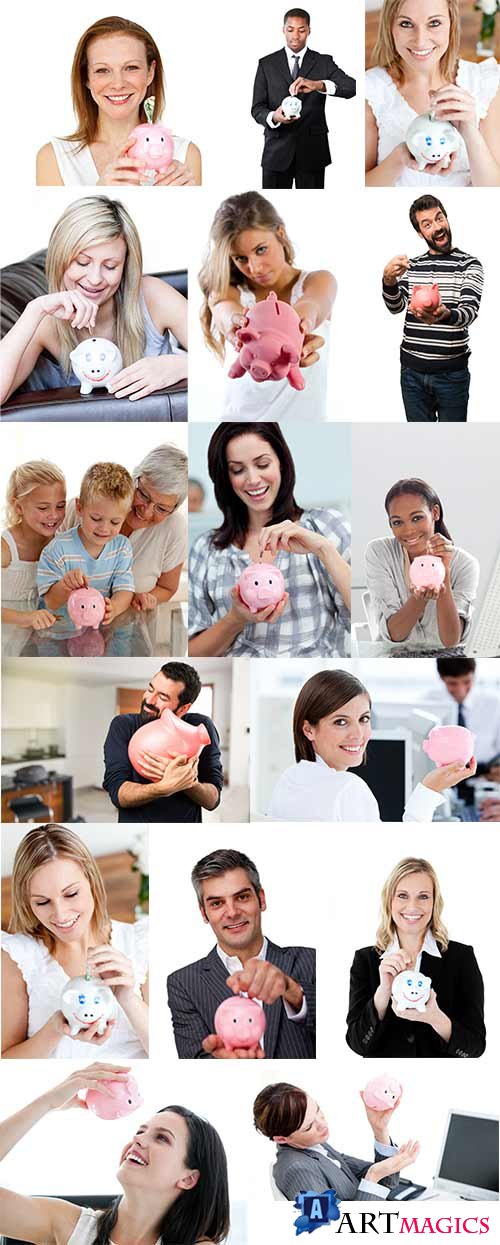    -   / People with piggy bank - Raster clipart