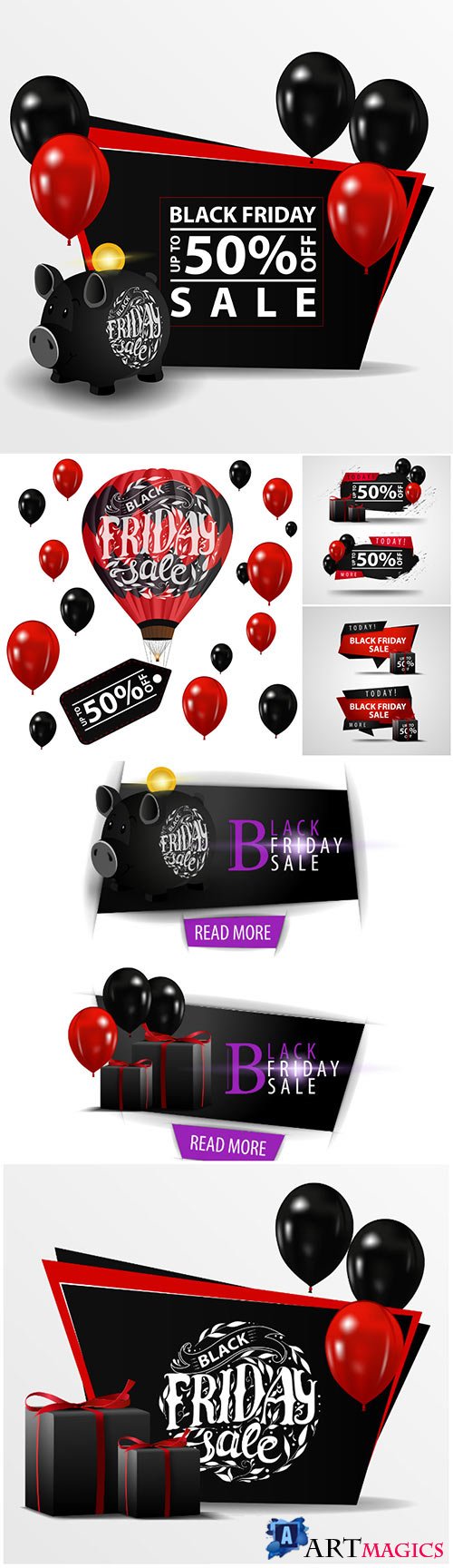Black Friday sale vector banner with black piggy bank