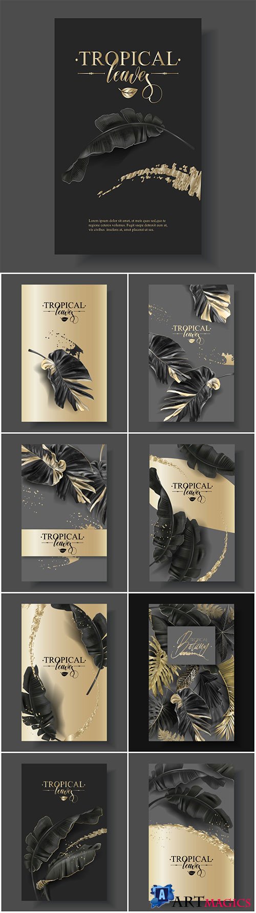 Vector banner with tropical leaves and gold splashes, design for cosmetics, spa, perfume