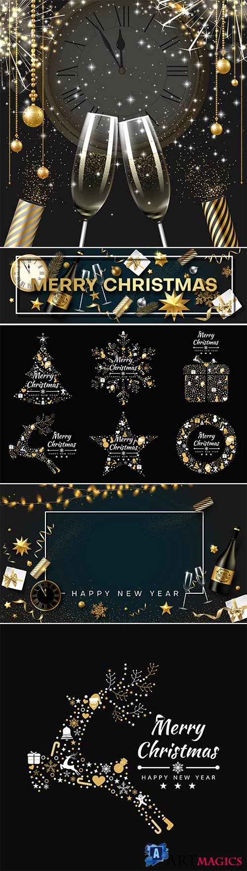 Christmas and New Year vector card with golden decor