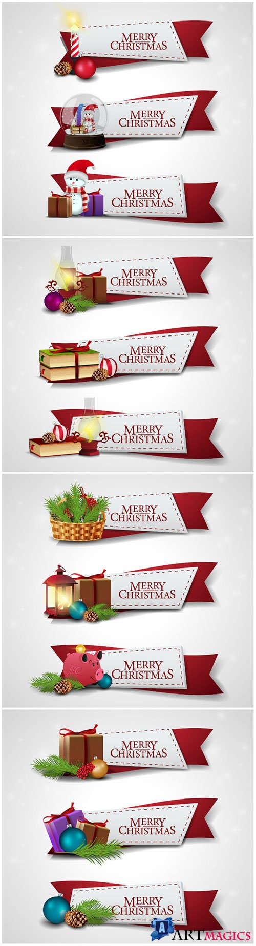 Christmas vector ribbons with cartoon Christmas icons