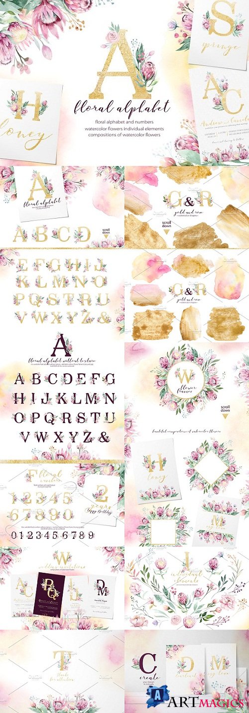 Watercolor Gold & Vinous alphabet 3169423
