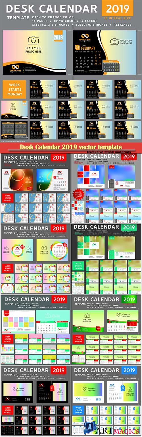 Desk Calendar 2019 vector template, 12 months included # 4