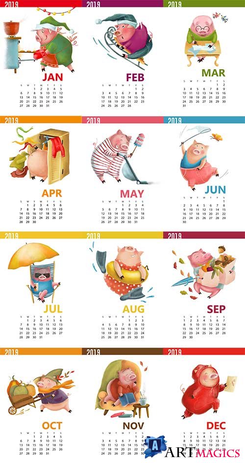  2019     / Calendar 2019 with pig in vector