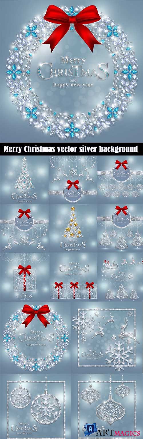 Merry Christmas vector silver background with holiday decorated