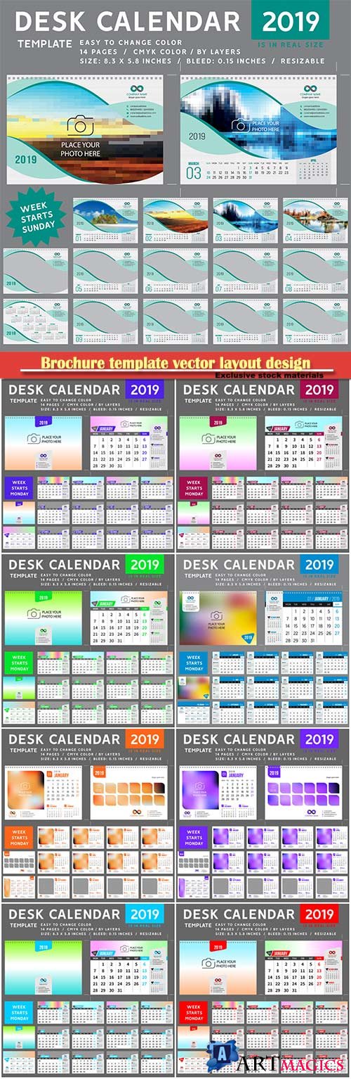 Desk Calendar 2019 vector template, 12 months included # 6
