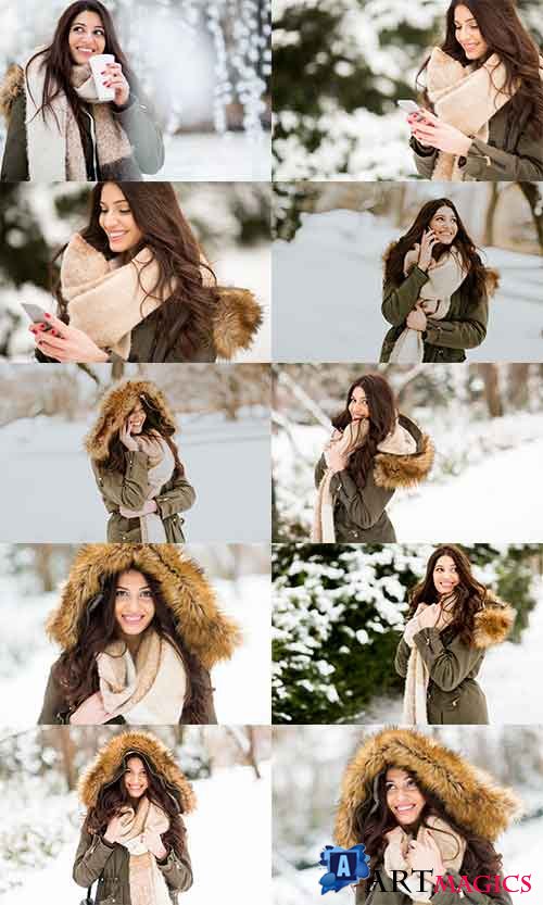      -  / Nice girl in winter forest - Clipart