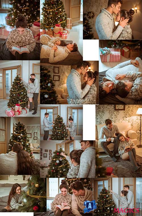     -  / Couple in love decorates Christmas tree - Clipart