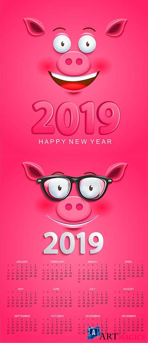    2019   -   / Calendar 2019 with pig - Vector Graphics