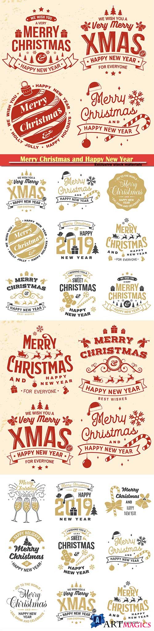 Merry Christmas and 2019 Happy New Year stamp, sticker set