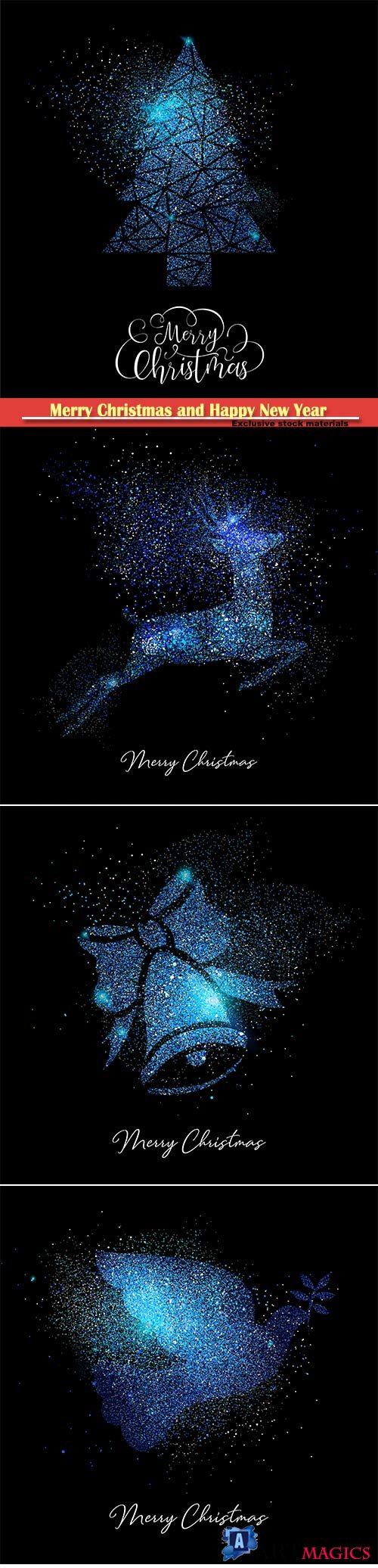 Merry Christmas blue glitter greeting vector card