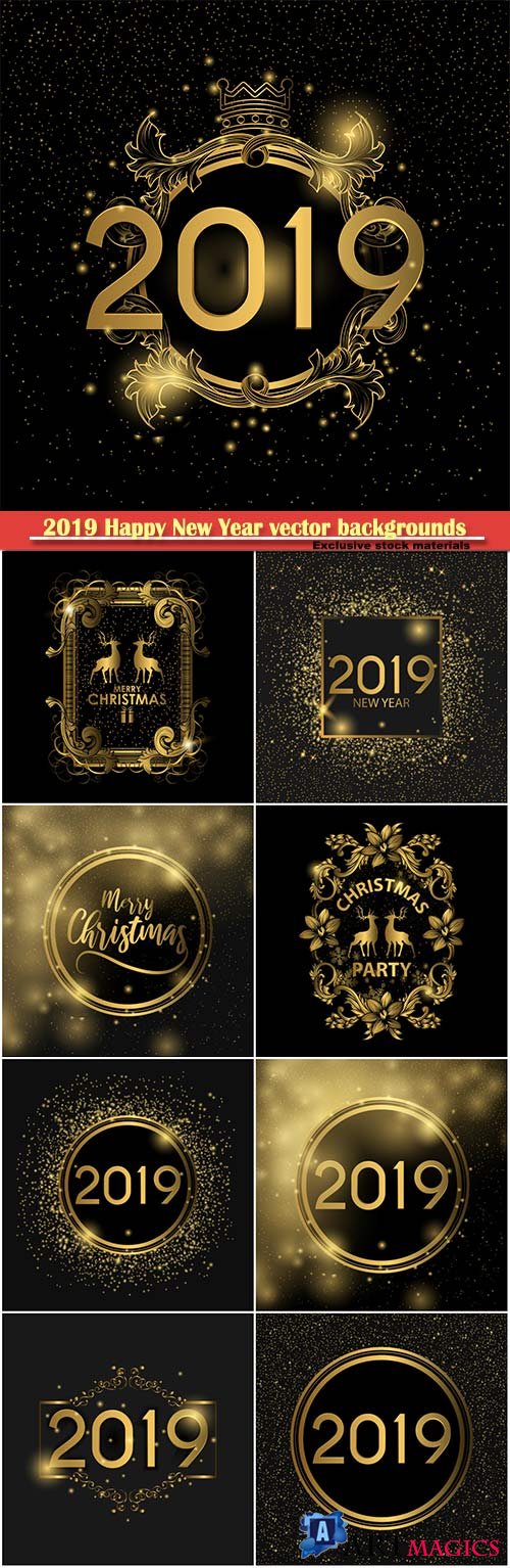 2019 Happy New Year vector backgrounds with gold decor